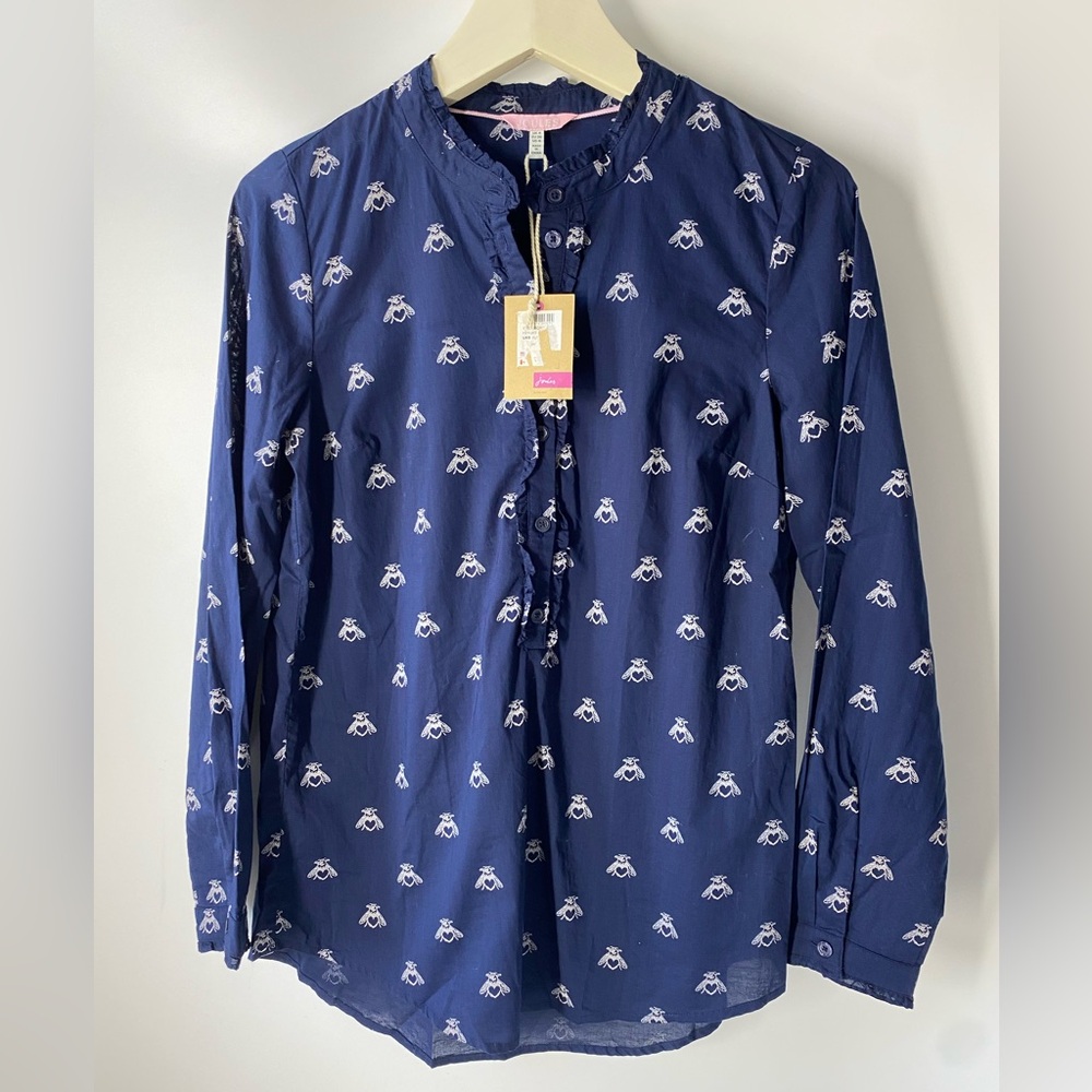 Joules Bee Print Blouse Navy White Embroidered Bees NWT Size 4